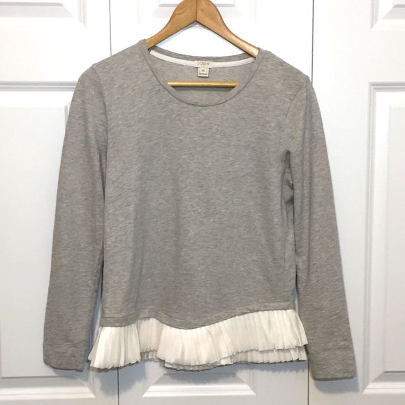 J. Crew Ruffle-Hem Sweatshirt Grey & White XS Extra Small Pleated Trim Pullover - Picture 2 of 6